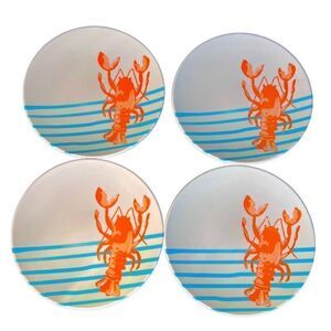 4-PIECE MELAMINE PLASTIC SET APPETIZER PLATES LOBSTER AQUA STRIPE DESIGN